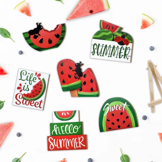 Summer Tiered Tabletop Decor, Red Green Watermelon Tray Decorations, Hello Summer Sweet Popsicle Ant Wooden Signs, Farmhouse Rustic Decorations for Home Table Shelf Mantel Party {5}