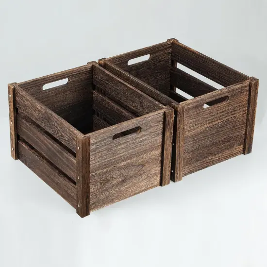 Farmhouse Wooden Crates - Large Solid Wood Crates with Handles for Storage and Display, 2 Pack Brown {1}