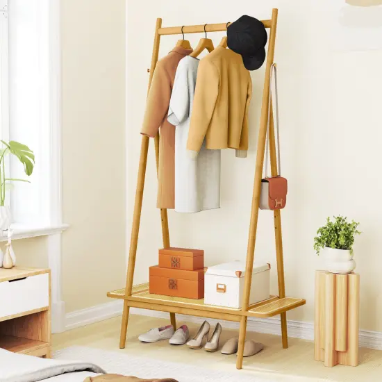 Wicker Clothes Rack with Hanging Rod Rattan Shelf and Copper Hooks Natural {2}