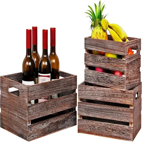 Decorative Wood Crates Nesting Crates Wooden Storage Container for Display,Rustic Handmade for Storage with Handles,Farmhouse Wood Basket for Party,Office,Bedroom,Kitchen,Decor Boxes-Brown Set of 3 {1}