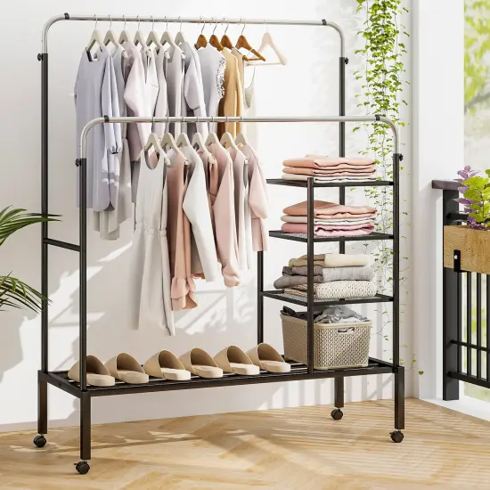Adjustable Double Rod Clothes Drying Rack with 3-Tier Mesh Shelf Heavy Duty Steel Frame Silver {3}