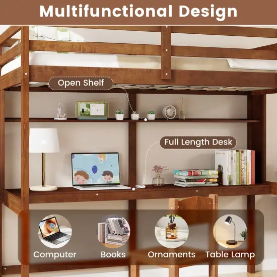 3-in-1 Twin Size Space-saving Loft Platform Bed Frame with 13 Wooden Slat and Safety Guardrails Brown {5}