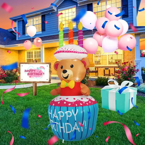 4FT Birthday Cake Birthday Party Outdoor Inflatable Decoration, Outdoor Yard Sign with LED Lights, Birthday Inflatable Decoration for Garden, Yard, Lawn {2}