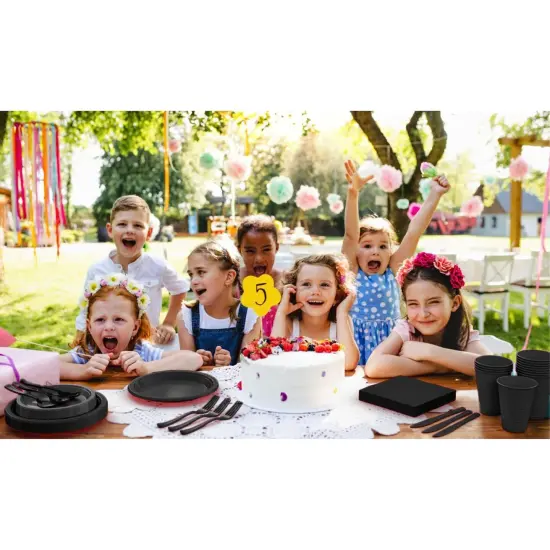 Exquisite 350 Pcs Plastic Plates for Party &ndash; Disposable Plates Set &ndash; 50 Each of 9" Dinner Plates, 7" Dessert Plates, Plastic Cups, Napkins & Plastic Cutlery &ndash; Plastic Dinnerware by Party Solids Black {6}