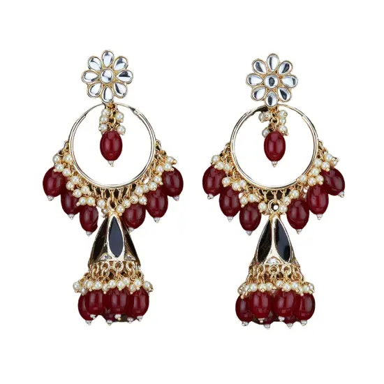 Indian Jhumka Earrings for Women - Large Kundan Faux Pearls Drop Chanbali Earrings Floral Indian Jhumki Ethnic Beaded Bollywood Style Dangle Earrings Jewelry for Bride Birthday Gift for Her BLACKMAROON {1}