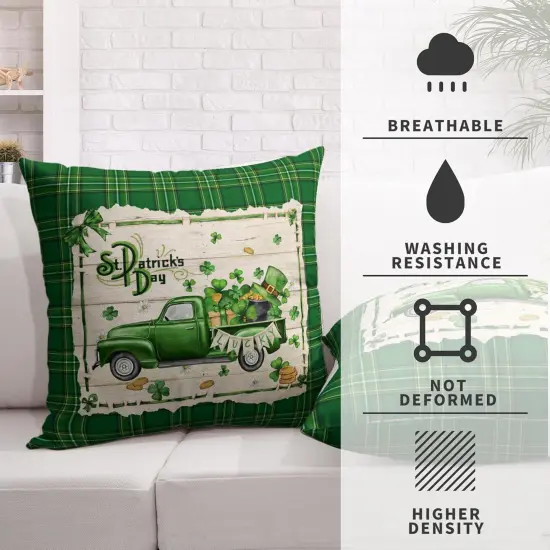 St Patricks Pillows Covers 18x18 Lucky Green Truck Filled with Shamrock Hat Gold Coin Throw Pillow Covers Green Buffalo Plaid {3}