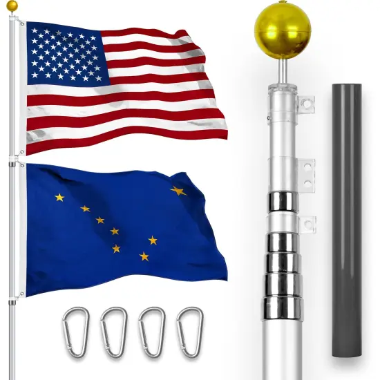 G128 Combo Pack: 25 Ft Telescoping Aluminum Flagpole (Silver) & American and Alaska Flags 3x5 Ft, Both StormFlyer Series Embroidered 220GSM Spun Polyester | Pole with Flags Included {1}