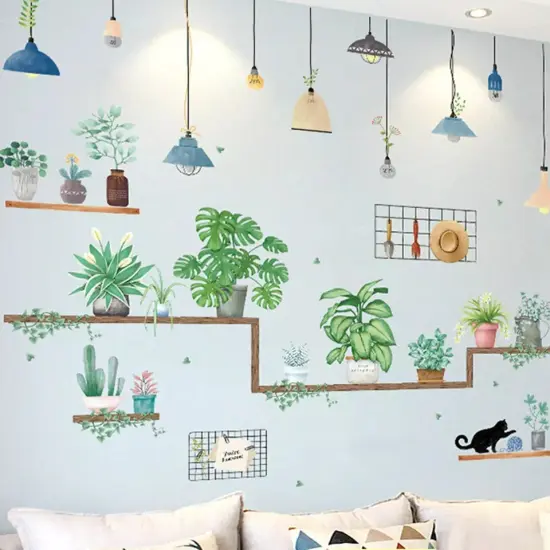 Green Potted Plants on Shelves WALL STICKER Hanging Leaves Removable PVC Home {2}