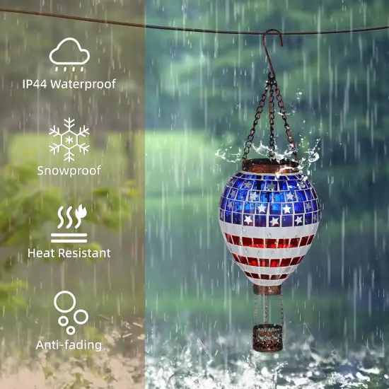 American Flag Hot Air Balloon Solar Lantern, Mosaic Outdoor Hanging Wind Light, IP44 Waterproof, Patio Decorations, Gift for Mom Wife Friend {5}