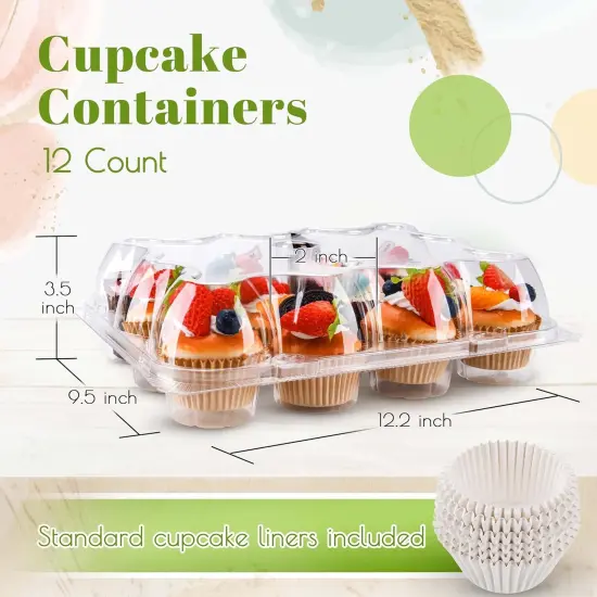 12 Count Cupcake Containers 12 Pack Cupcake Holders Plastic Stackable Cupcake Boxes with Detachable Tall Dome Lids and 144 Liners for 144 Cupcakes, BPA Free, Standard Size {2}