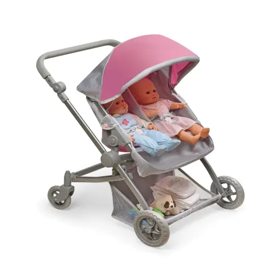 Badger Basket Voyage Twin Carriage Doll Stroller - Gray/Pink {5}