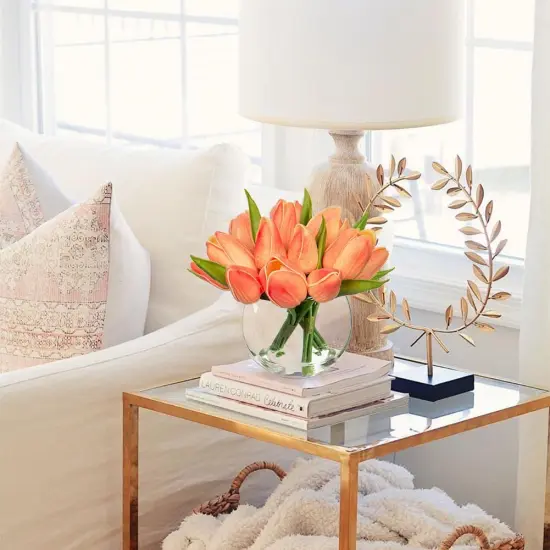 Artificial Peach Tulips in Vase with Faux Water 6" Real Touch Flowers Fake Tulips Small Flowers Arrangement in Round Glass Vase for Mother's Day Table Centerpiece Wedding Home Decor {2}