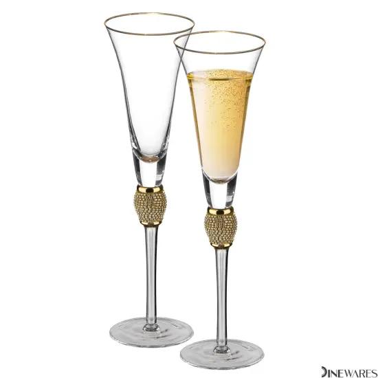 Elegant Crystal Set Wedding Champagne Glasses with Diamond Rhinestone Accents and a Polished Rim - 11 in Tall with Slender Long Stems, 7 oz - Chic Toasting Set for the Bride and Groom {7}
