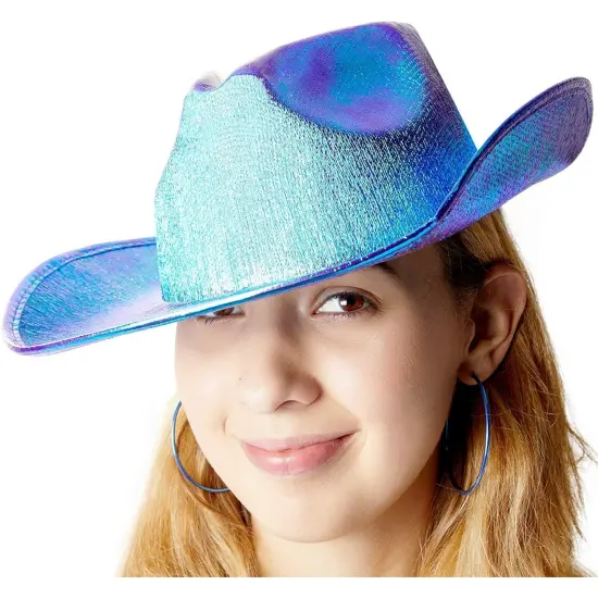 Holographic Party Cowboy Hat, Metallic Space Cowboy (Purple, Adult) Blue {5}