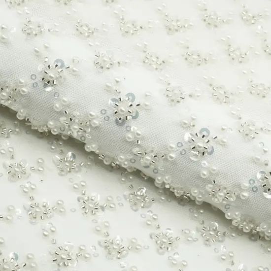 1 Yard Blossom Beaded & Sequined Stretch Mesh Fabric White {1}