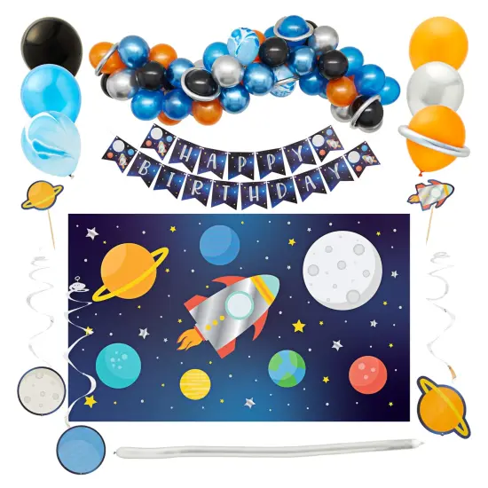 102 Piece Outer Space Birthday Party Decorations with Galaxy Backdrop, Banner, Backdrop, Balloons, Hanging Swirls, Cupcake Toppers Blue {1}
