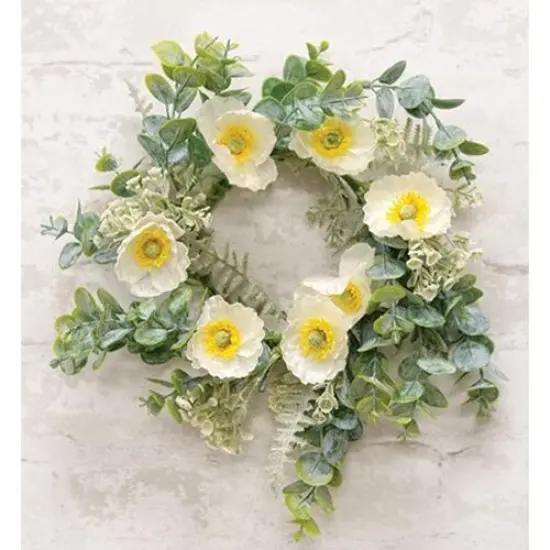 4.5" Alabaster Poppy Candle Ring with Green Paper-Wrapped Base and Fabric Flowers {2}