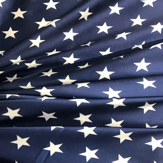 1 Yard White Star Charmeuse Satin Fabric Navy Background Shiny Non Stretch Polyester 60 Inch Width {1}