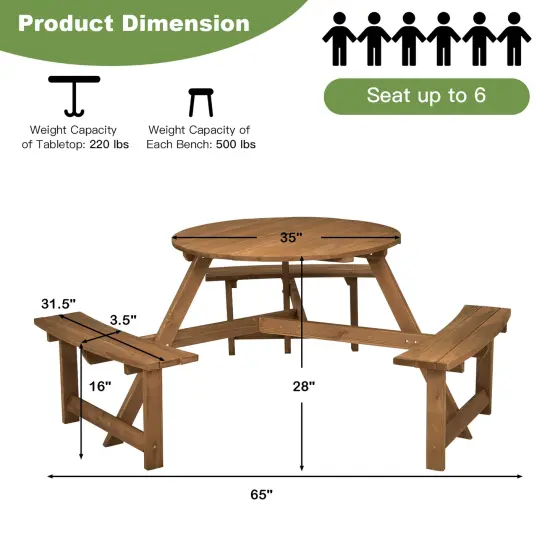 Costway 6-person Round Wooden Picnic Table Outdoor Table w/ Umbrella Hole & Benches {4}