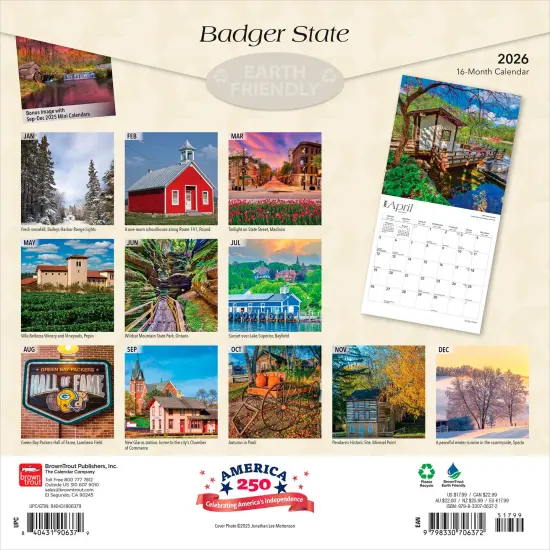 Badger State | Wisconsin Places | 2026 12 x 24 Inch (Hanging) Monthly Square Wall Calendar | Plastic-Free {2}