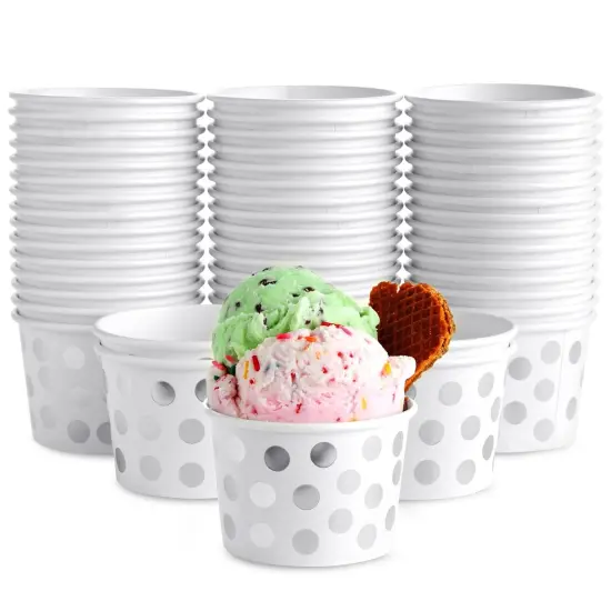 50 Pack Paper Ice Cream Cups for Frozen Yogurt, Disposable Dessert Bowls with Silver Foil Polka Dots (8 oz) White {1}