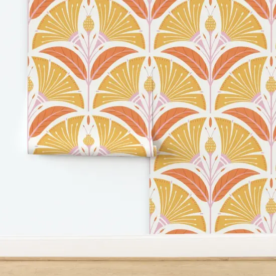 Peel & Stick Wallpaper 2FT Wide Art Deco Flowers Yellow Orange Pink Large Scale Geometric Scallop Mid Century Bold Custom Removable Wallpaper by Spoonflower {2}
