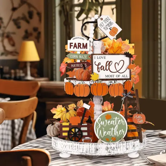 19 Pcs Fall Tiered Tray Decor Fall Home Decor Thanksgiving Day {5}