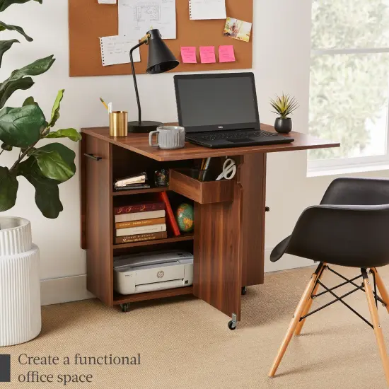 Best Choice Products Multipurpose Folding Table w/ Wheels, 3 Storage Shelves, Cubby, Handle Brown {2}