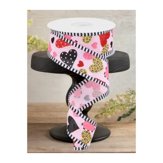 1.5" Multiple Pattern Hearts Stripe Ribbon: Pink (10 Yard) {2}