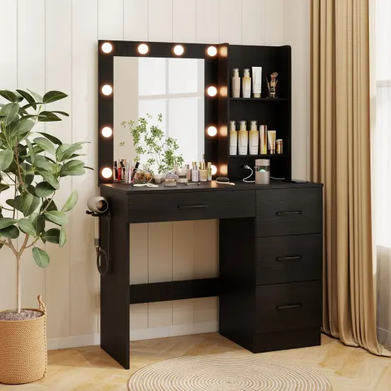 MDF Vanity Desk with Mirror, 3-Color Lighting, Storage and Charging Station Black {2}