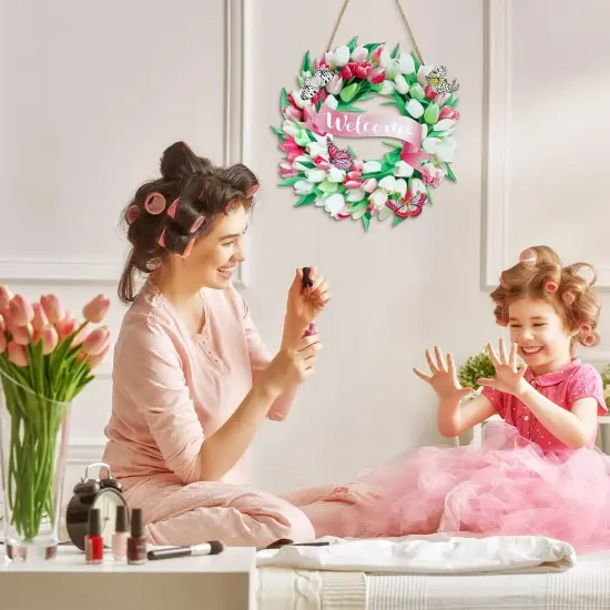 Spring Door Sign Tulips Wreath Summer Decoration 11.8" Welcome Sign Spring Flower Butterfly Wreath Wooden Front Door Hanger Home Wall Decor Farmhouse Indoor Outdoor {4}