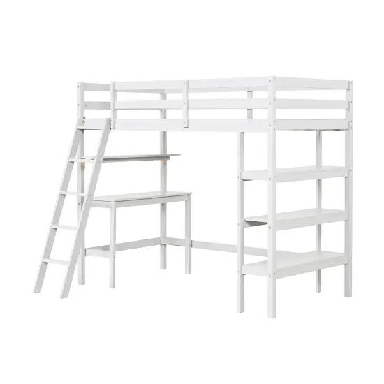 Twin Loft Bed with Desk and Bookshelves for Kids and Teens White {3}