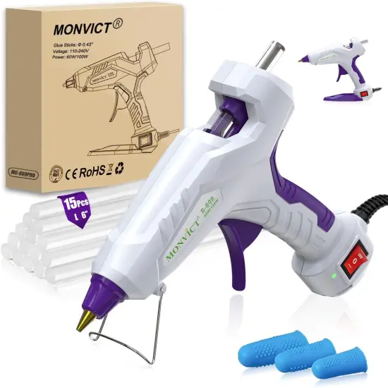 Full Size Hot Glue Gun with 60/100W and On/Off Switch, Dual Temp Heavy Duty Industrial Hot Melt Glue Gun with 15 Hot Glue Sticks (7/16") and 3 Finger Protectors for Craft, DIY and Repairs Visit the MONVICT Store {1}