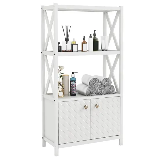 Tall Freestanding Floor Bathroom Storage Cabinet with 2-Tier Open Shelves and Magnetic Doors White {4}