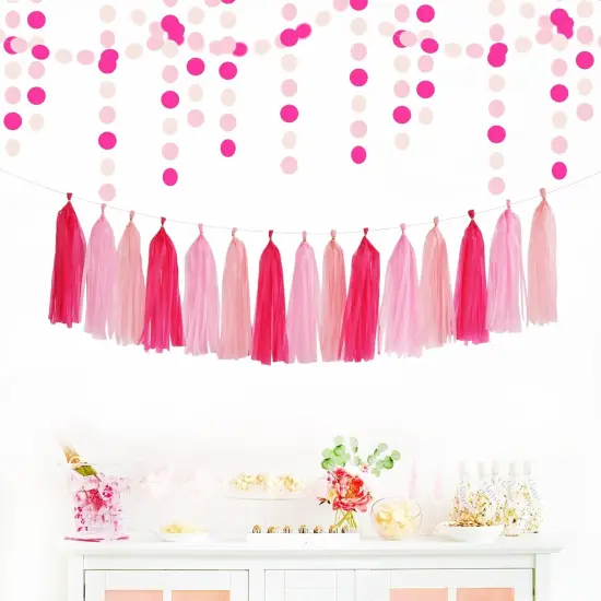 Rose Hot Pink Party Decorations - 23pcs Girl Birthday Baby Shower Tissue Pom Poms Streamers, Bachelorette Bridal Wedding Engagement Supplies Tassel Garland Banner, Favors Decor {4}