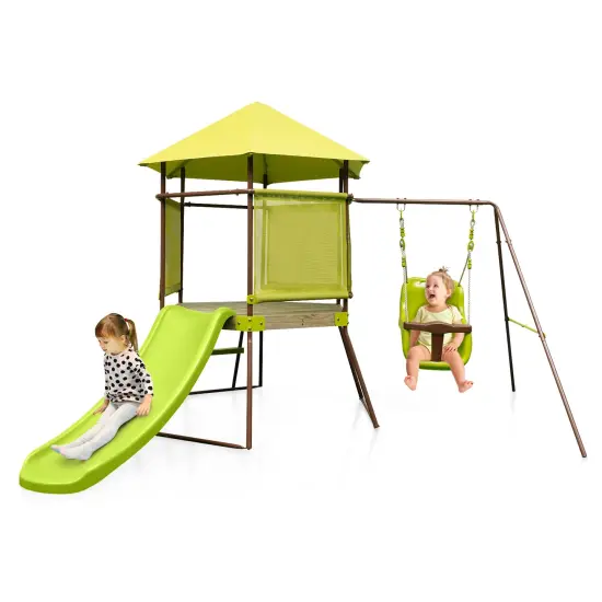 Green 4-in-1 Kids Swing Set with Slide, Adjustable Seat, Playhouse and Canopy {3}