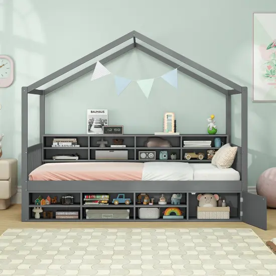 Grey House-Shaped Kids Bed with Storage Cubes, Bedside Shelf and Wooden Frame {3}
