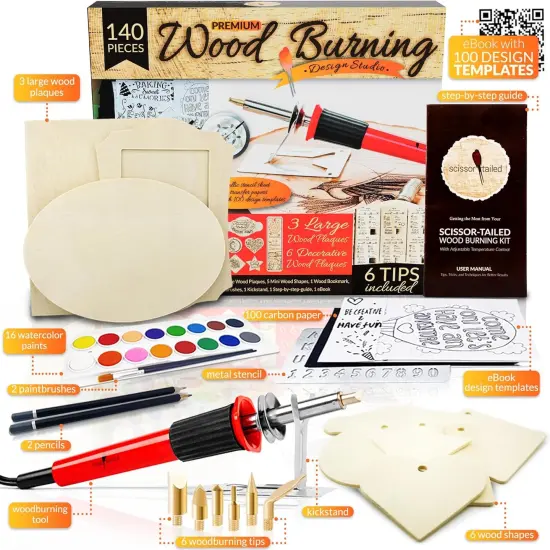 Beginners Wood Burning Kit 140 Pieces. Best Gift Idea for Art & Craft Kit Lovers. Woodburning DIY Hobby Kits With 9 Large Wooden Plaques To Make Unique Wood Burning Projects {3}