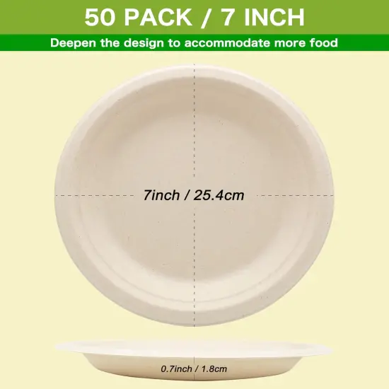 100% Compostable Disposable Paper Plates Heavy Duty Waterproof Plates-50 Pack 7 inch Eco-Friendly Plates, Natural Biodegradable Sugarca Bagasse Dinner Plates Unbleached Brown {5}