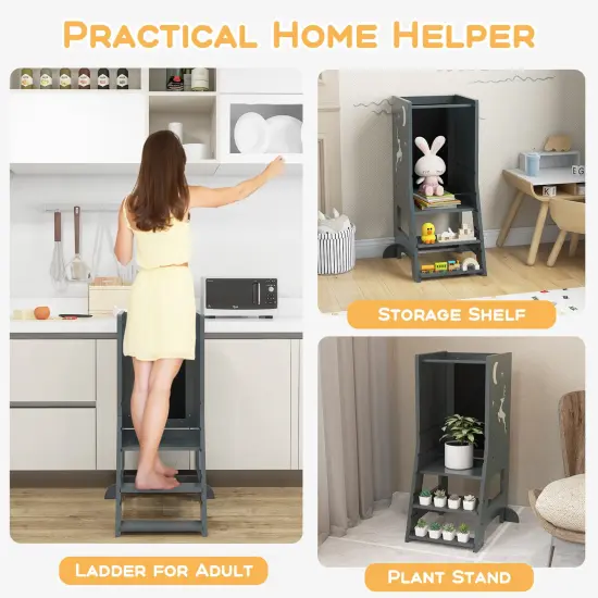 3 in 1 Multi-functional Design Kids Kitchen Standing Stool Tower with Chalkboard and Whiteboard Gray {6}