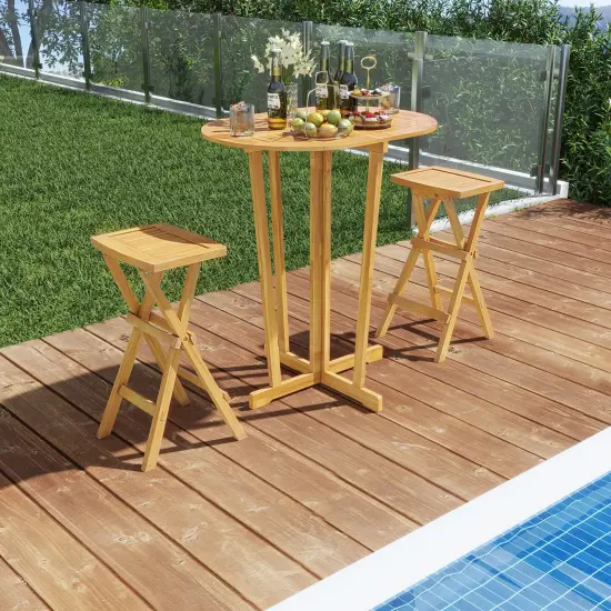 Natural Teak Wood Folding Bar Table with Oval Top, Cross Base and Space-Saving Design {3}