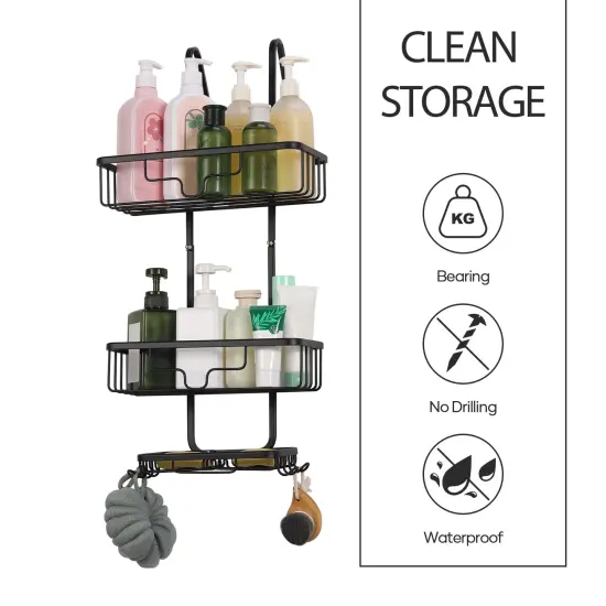 Over The Door Shower Caddy Organizer – 3-Tier Aluminum Hanging Bathroom Storage with 2 Baskets, 4 Hooks & Soap Holder, Rustproof & No Drill Installation (Black) {5}