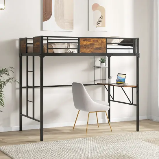 Rustic Brown Metal Twin Size Loft Bed with Desk, Shelf, Ladder and Safety Guardrail {2}