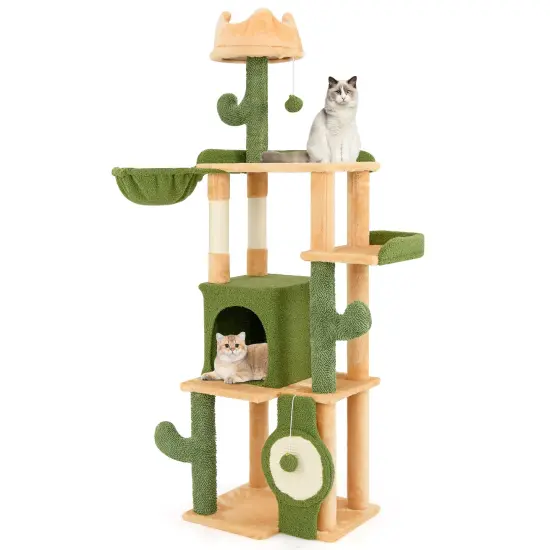 Green and Orange Cactus Cat Tree with Sisal Scratching Posts, Plush Perch and Condo {4}