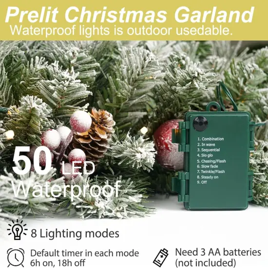 Christmas Garland Flocked 9ft with 50 Lights, Christmas Decor with Pine Cone Red Balls {4}