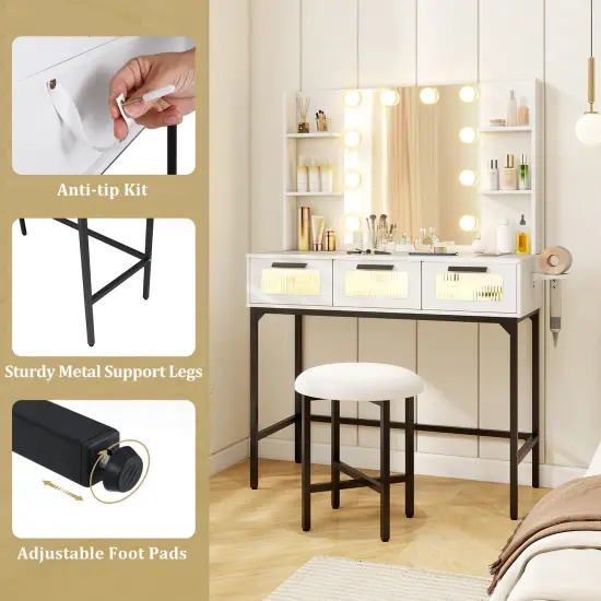 White Vanity Set with 3-Color LED Mirror, Charging Station & Storage {6}