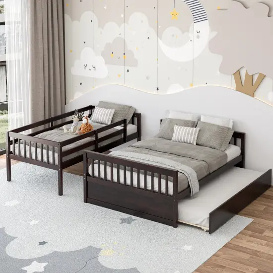 Pine Wood Twin Over Full Bunk Bed with Trundle, Guardrails and Ladder Espresso {6}