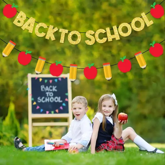 Pre-Strung Welcome Back to School Decorations Banner Gold Glitter {5}