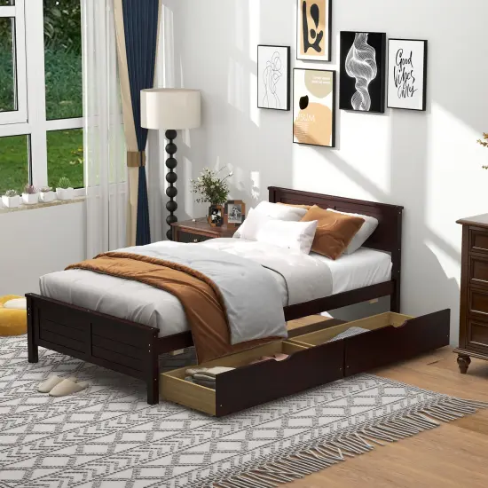 Twin Size Platform Bed with Drawers, Wood Headboard and Sturdy Frame Espresso {2}