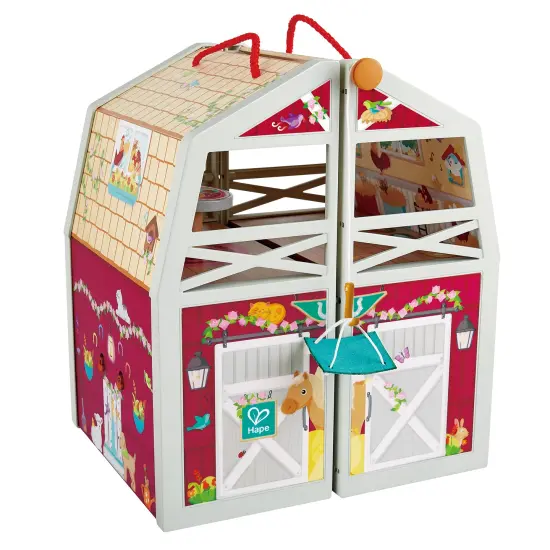 Hape: Pony Club Ranch - Wooden 2 Level Barn Dollhouse, White & Red, Horse & Rider Figures, Open & Reveal, Rope Handle, 13.8"x11.4"x9.4", Kids Ages 3+ {1}